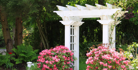 Archway in a landscaped backyard with flowers.